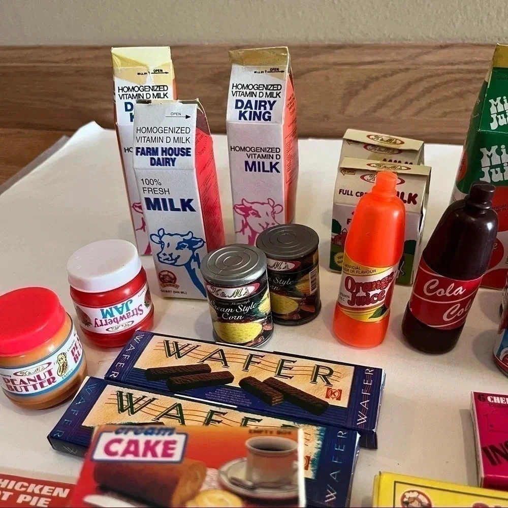 Lot 45 Vtg Pretend Play Food Mini Boxes Cans Coca Cola Progreso Milk Pizza Pasta
